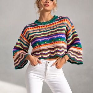 Rainbow Crochet Stripe Sweater Cropped Spring Festival Knit Boho Boxy Oversized